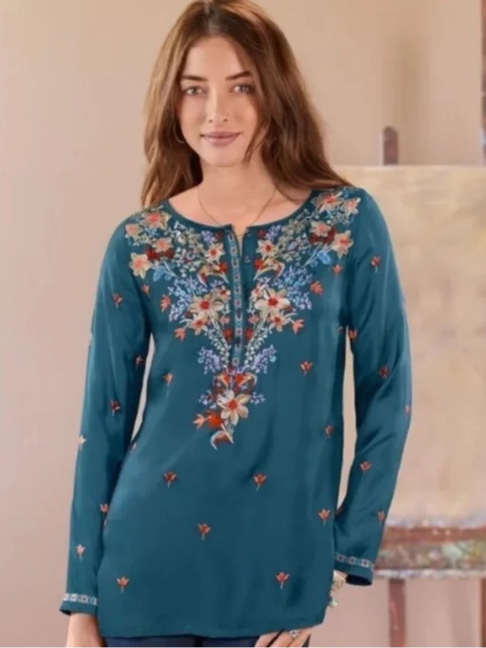 Sundance Silk‎ Like Cordelia Tunic Embroidered Blue/Teal Long Sleeve, Sz Small